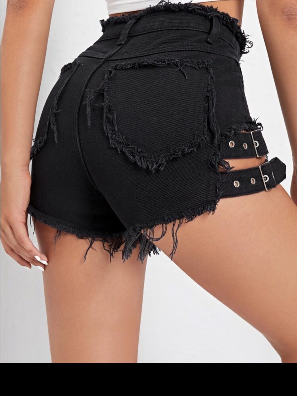 SHEIN Black High-Waist Distressed Denim Shorts with Side Buckles